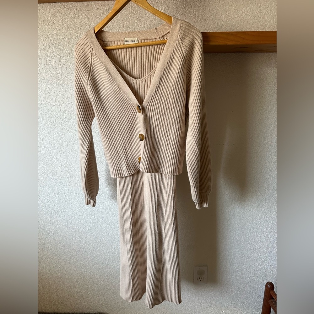 Luca + Grae Dress & Cardigan Sweater Ribbed Body-con Set Tan Size Medium - Picture 2 of 7